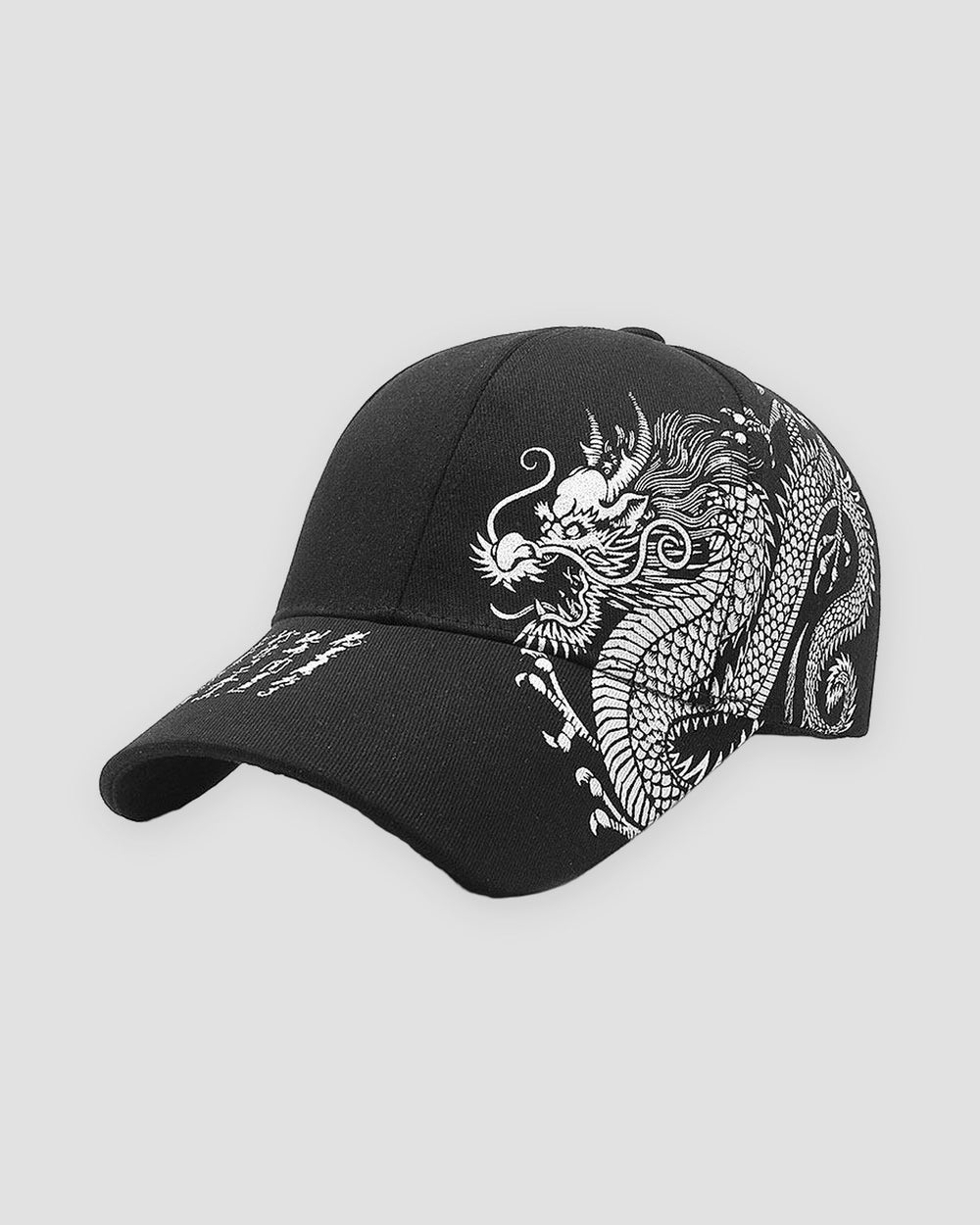 Black dragon embroidered baseball cap, front view, white dragon embroidery along the crown