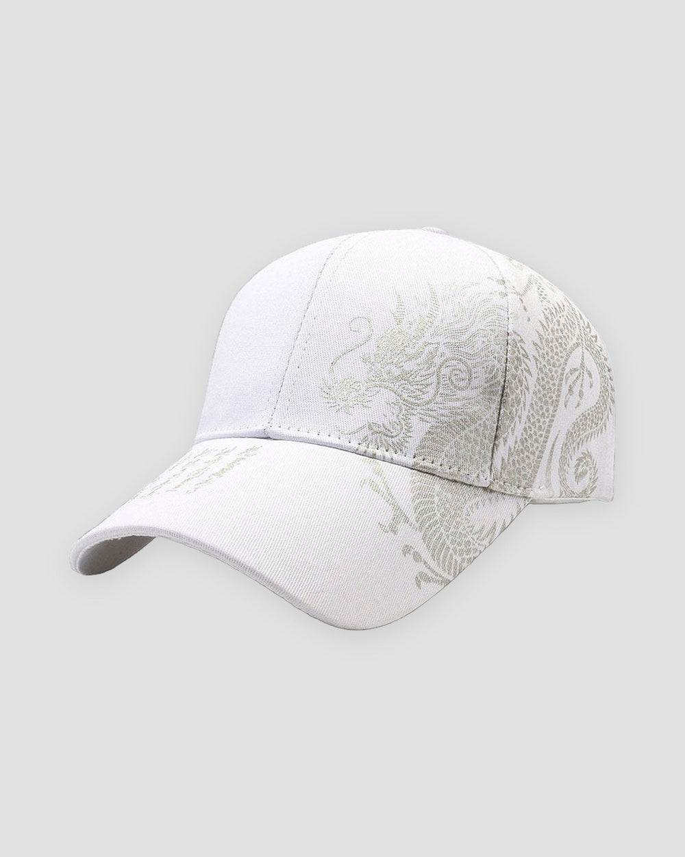 White dragon embroidered baseball cap, front view, tone-on-tone silver dragon along the crown