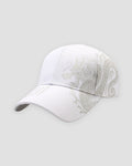 White dragon embroidered baseball cap, front view, tone-on-tone silver dragon along the crown