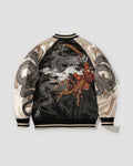 Black and apricot dragon embroidered bomber, back view, apricot sleeves