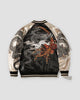 Black and apricot dragon embroidered bomber, back view, apricot sleeves