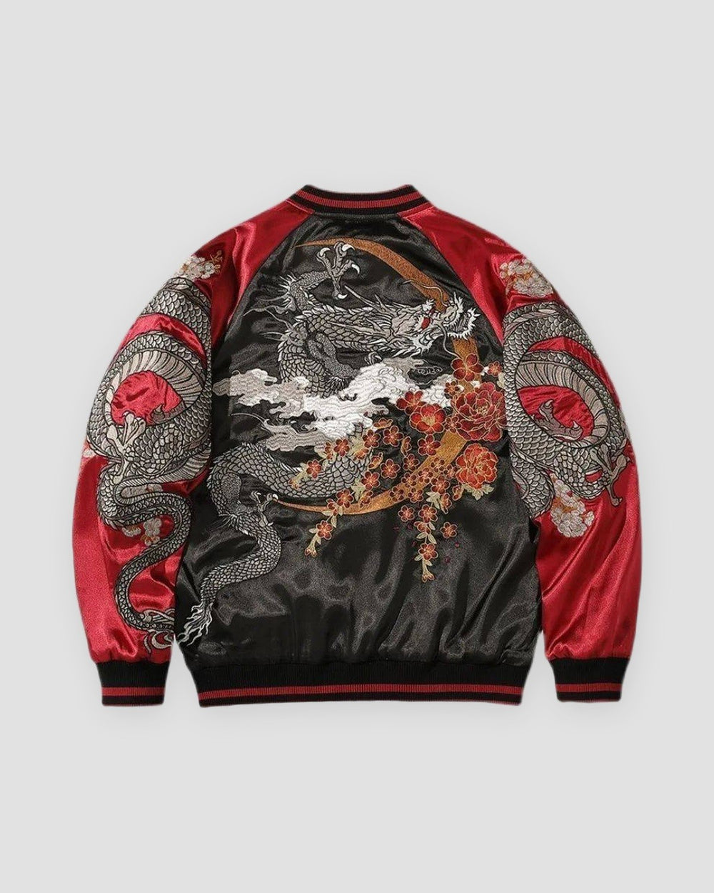 Black and red dragon embroidered bomber, back view, silver dragon among clouds and peonies