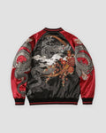 Black and red dragon embroidered bomber, back view, silver dragon among clouds and peonies