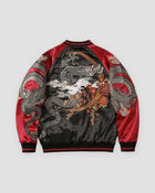 Black and red dragon embroidered bomber, back view, silver dragon among clouds and peonies