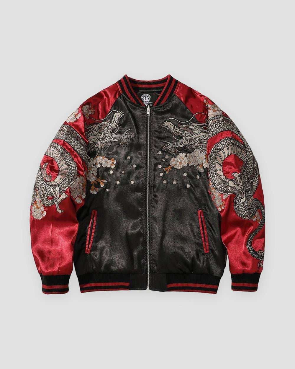 Black and red dragon embroidered bomber, front view, blossoms on the chest