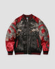 Black and red dragon embroidered bomber, front view, blossoms on the chest