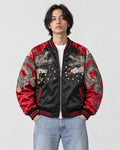 Model wearing the black and red dragon bomber half zipped, front view