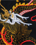 Close-up of the dragon's head embroidered in gold, red and white thread