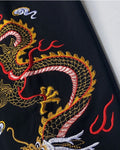 Close-up of the gold and red dragon embroidered on the leg