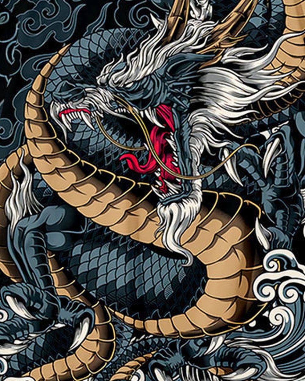 Close view of the dragon's head with a white mane, red tongue and gold horns on the black haori