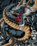 Close view of the dragon's head with a white mane, red tongue and gold horns on the black haori
