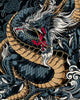 Close view of the dragon's head with a white mane, red tongue and gold horns on the black haori