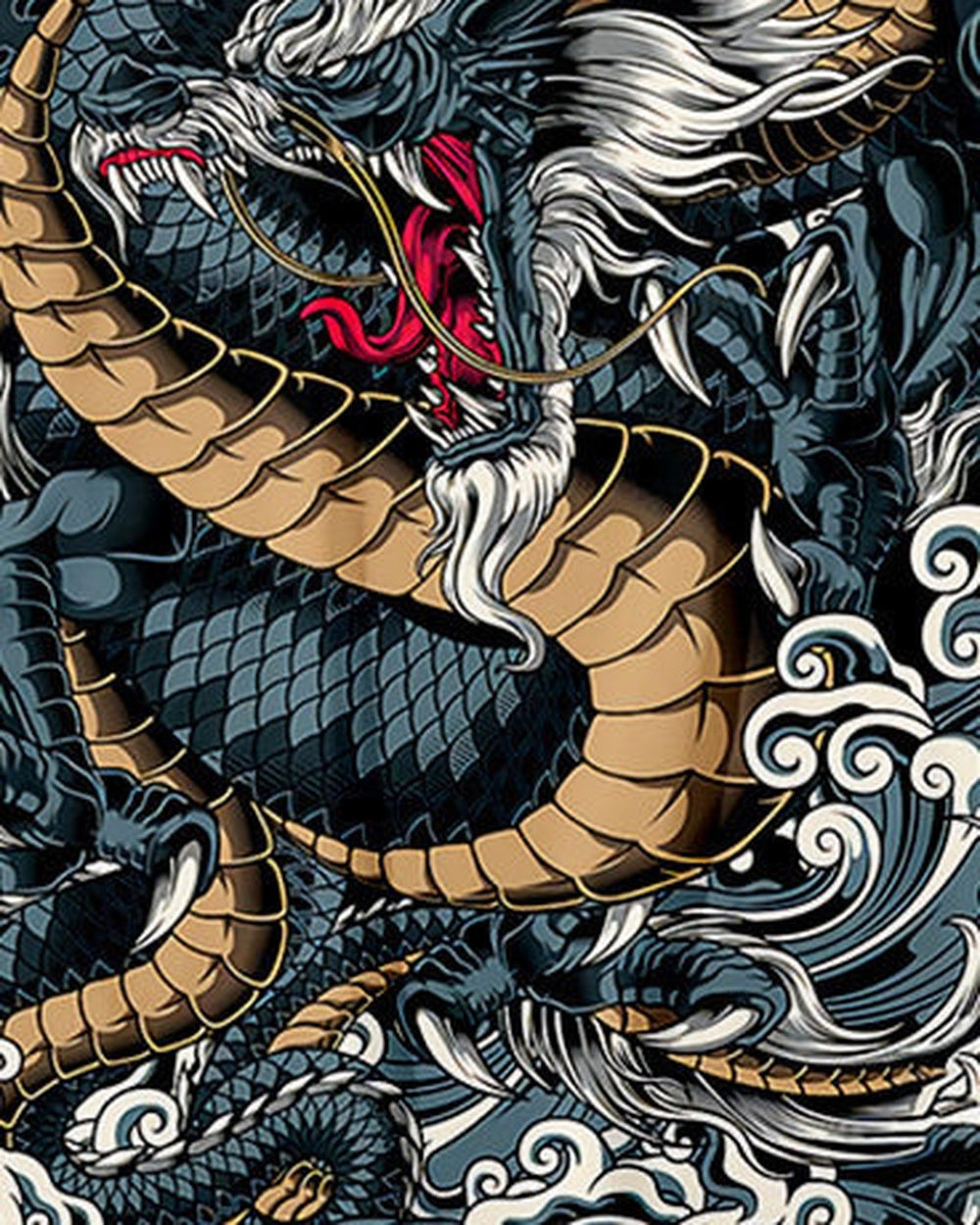 Close view of the dragon's gold-bellied coils among white wave crests and gray-blue clouds