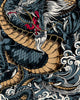 Close view of the dragon's gold-bellied coils among white wave crests and gray-blue clouds
