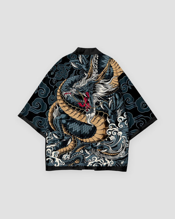 Black haori jacket laid flat, back view with a coiled blue-gray dragon, white wave crests and gray-blue clouds