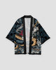 Black haori jacket laid flat, open front with the dragon and clouds continuing across the front panels and sleeves