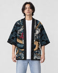 Man in the open black dragon haori with a white tee and light jeans, the dragon and clouds across the front panels