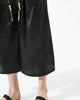 Close-up of the glossy black dragon-and-cloud jacquard and the drawcord tassels on the pants