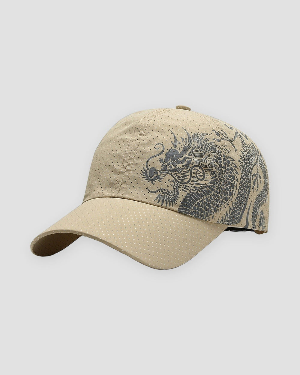 Beige baseball cap with a gray dragon print