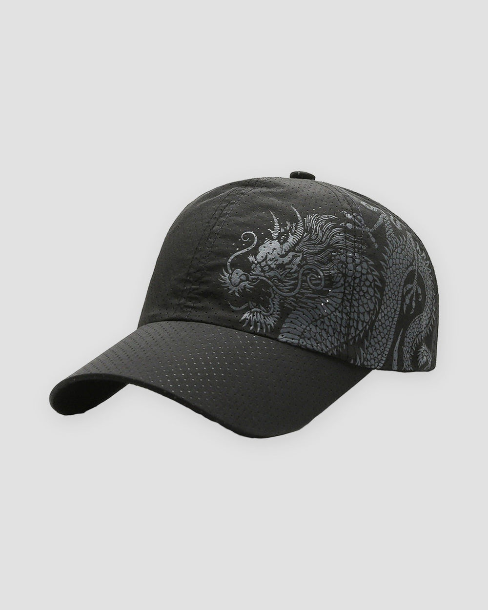 Black baseball cap with a gray dragon printed on the crown