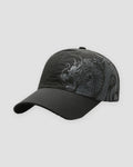 Black baseball cap with a gray dragon printed on the crown