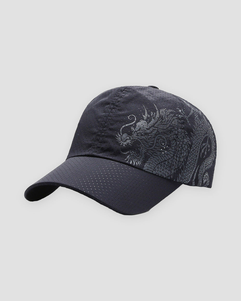 Navy baseball cap with a gray dragon print