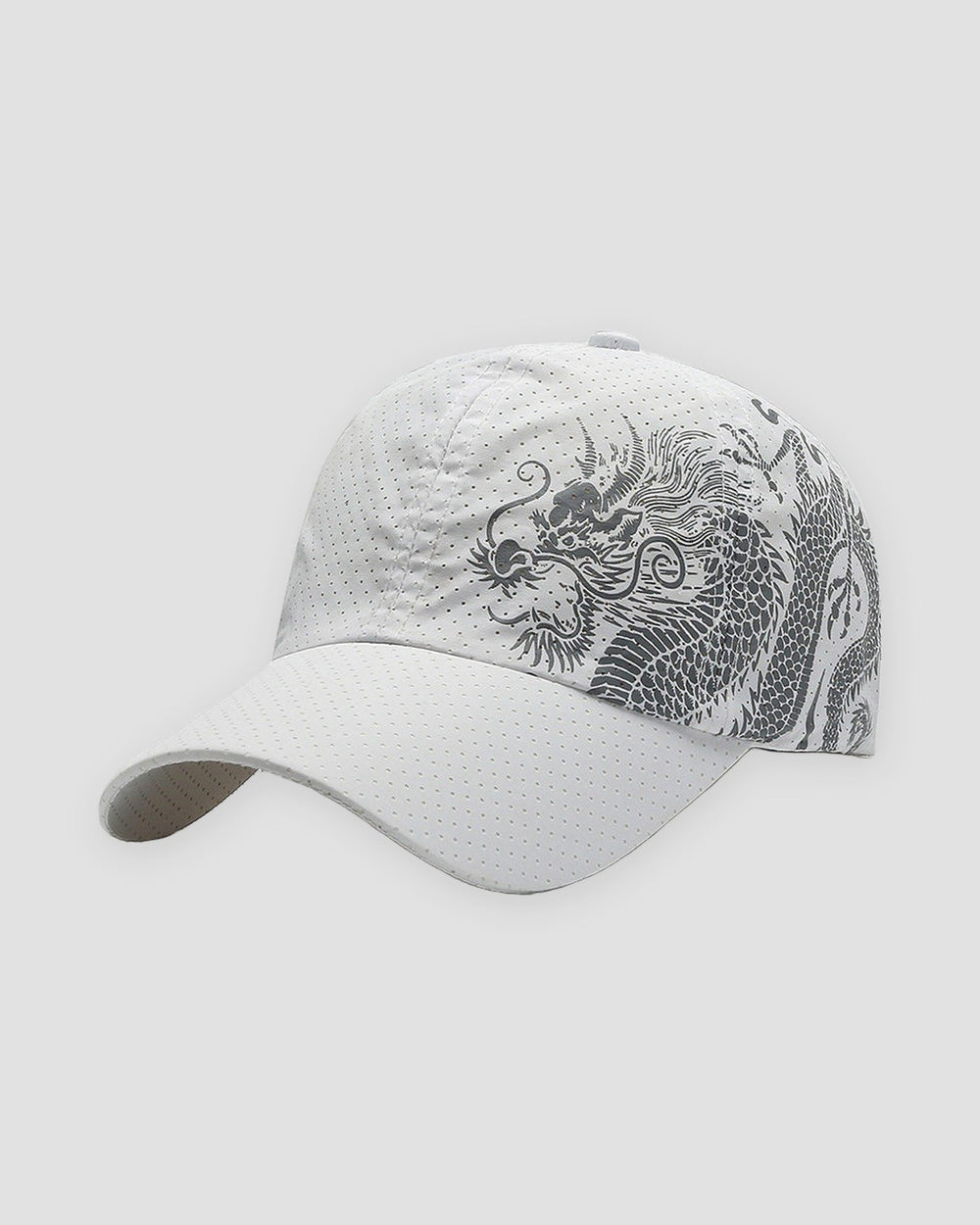 White baseball cap with a gray dragon print
