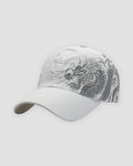 White baseball cap with a gray dragon print