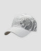 White baseball cap with a gray dragon print