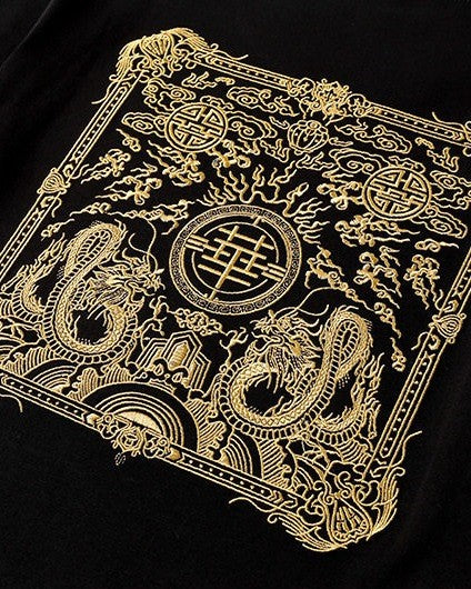 Close-up of the gold dragon seal embroidery on the back