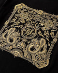 Close-up of the gold dragon seal embroidery on the back
