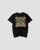 Black dragon seal embroidered T-shirt, back view, gold square dragon seal panel