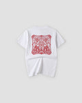 White dragon seal embroidered T-shirt, back view, red square dragon seal panel