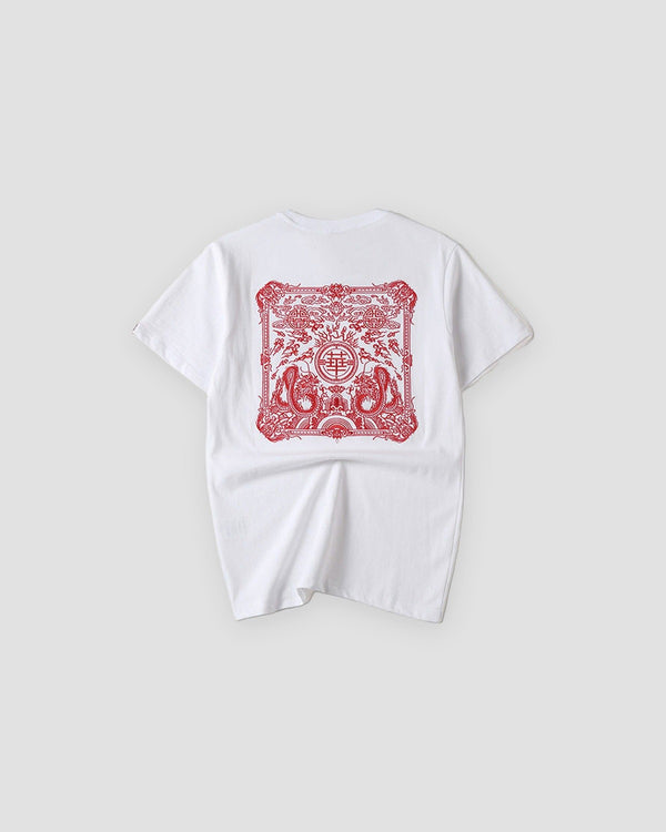 White dragon seal embroidered T-shirt, back view, red square dragon seal panel