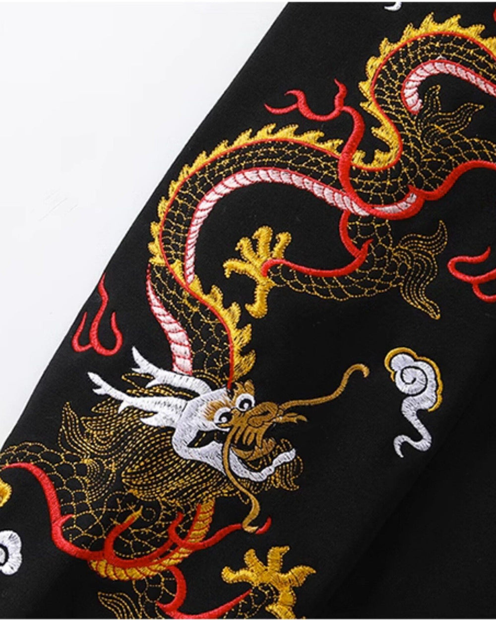 Close-up of the gold, red and white dragon embroidered down the sleeve