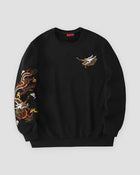 Black crewneck sweatshirt with a dragon embroidered down the sleeve and a small dragon head on the chest, front view
