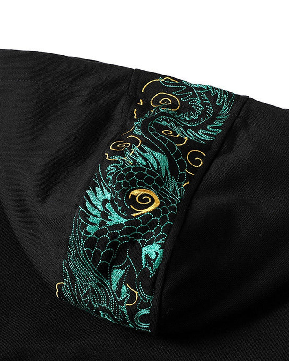 Close-up of the teal and gold dragon embroidery on the hood