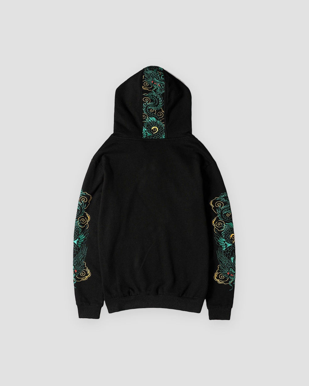 Black dragon sleeve hoodie, back view with the embroidered strip down the hood