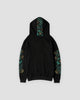Black dragon sleeve hoodie, back view with the embroidered strip down the hood