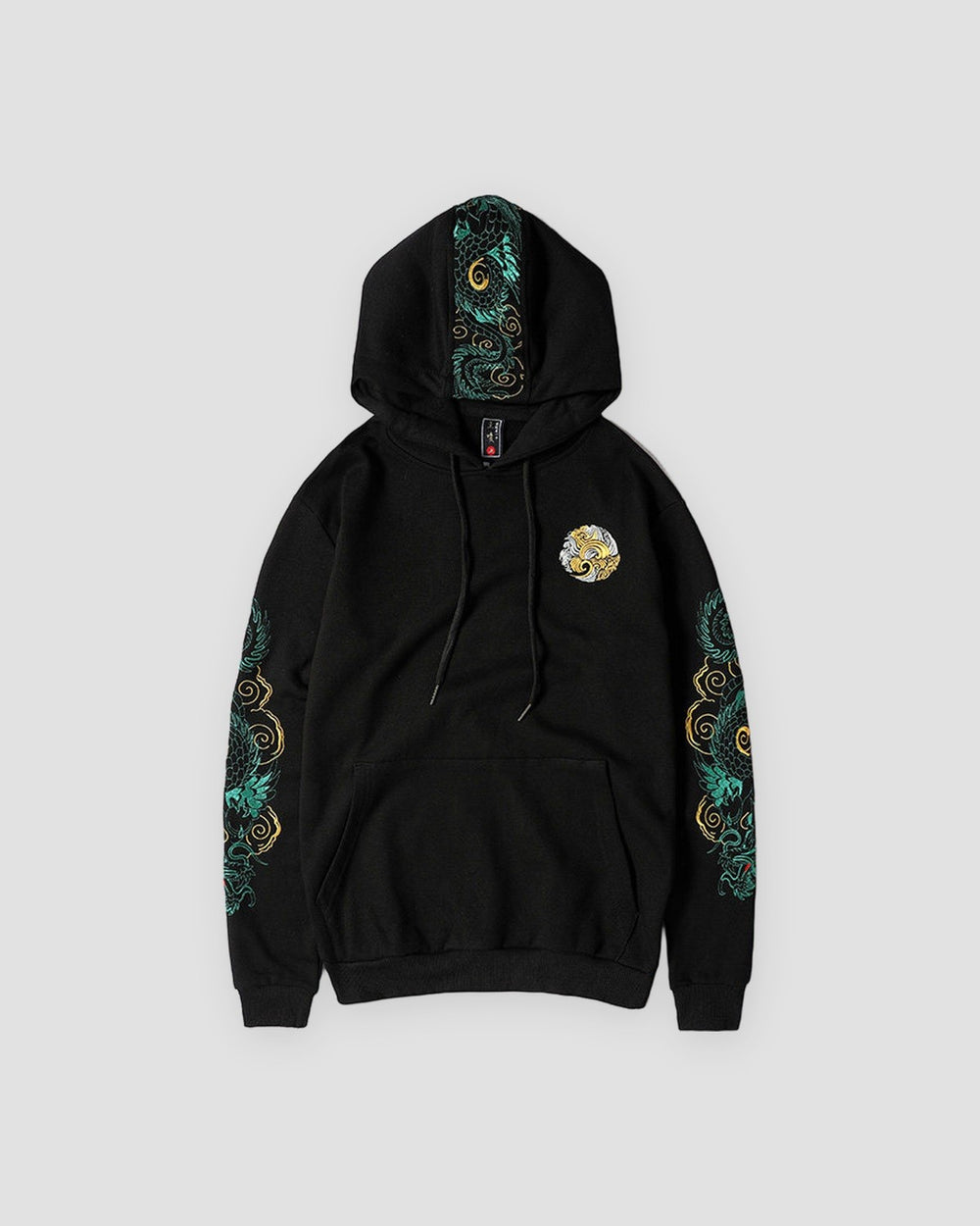 Black dragon sleeve hoodie, front view with the wave emblem and embroidered sleeves
