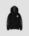 Black dragon sleeve hoodie, front view with the wave emblem and embroidered sleeves