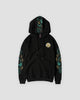 Black dragon sleeve hoodie, front view with the wave emblem and embroidered sleeves