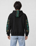 Model wearing the dragon sleeve hoodie, back view of the hood embroidery