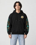 Model wearing the black hoodie with teal and gold dragon sleeves, front view