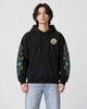 Model wearing the black hoodie with teal and gold dragon sleeves, front view