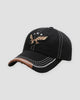 Black baseball cap with a raised embroidered eagle and three stars, three-quarter view