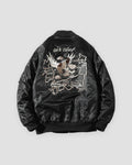 Black padded bomber jacket seen from behind with the air club eagle and Japan map embroidery and a sleeve pocket