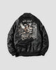 Black padded bomber jacket seen from behind with the air club eagle and Japan map embroidery and a sleeve pocket