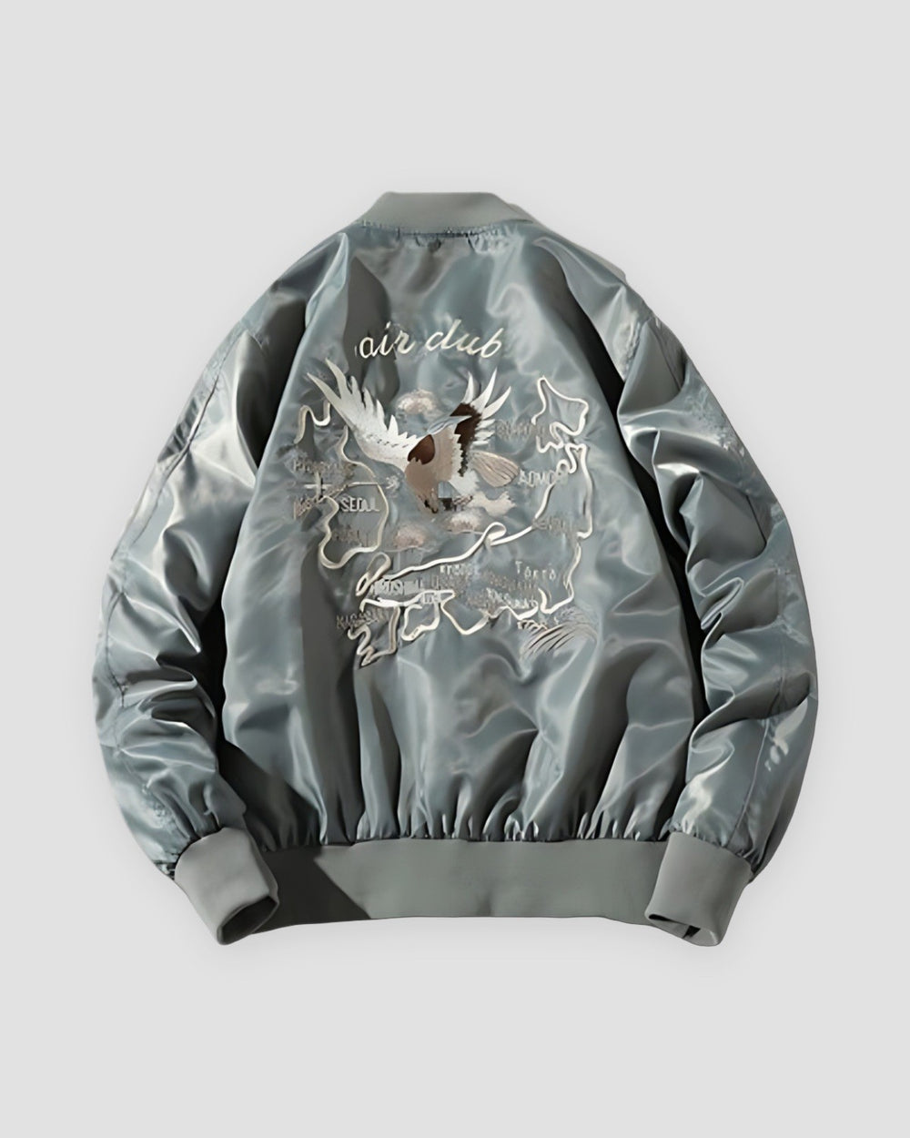 Slate gray padded bomber jacket seen from behind with the air club eagle and Japan map embroidery