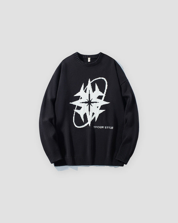 Black knit sweater with a large off-white eight-point star and ring